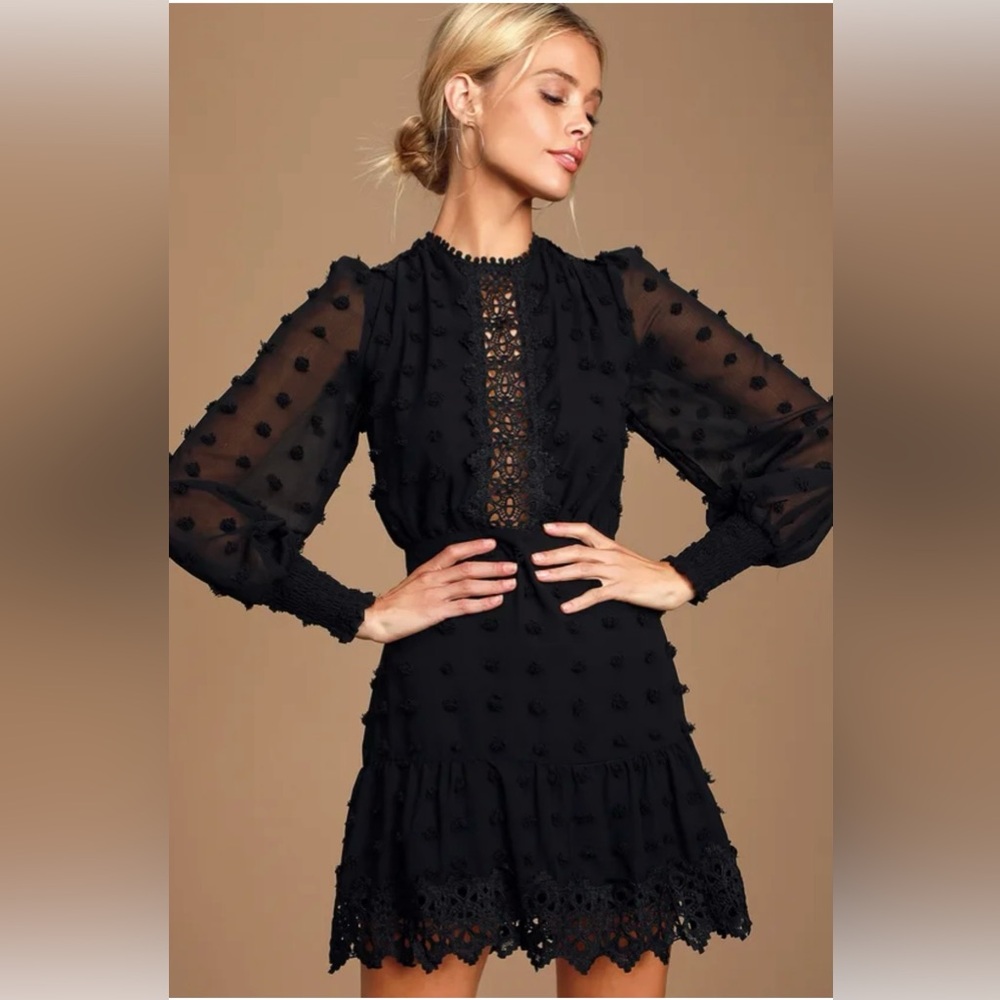 Lulu’s black embroidered lace long sleeved little black dress